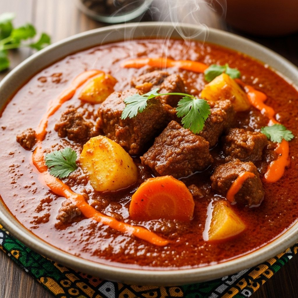 Experience tender beef in a symphony of spices celebrating warmth and depth.