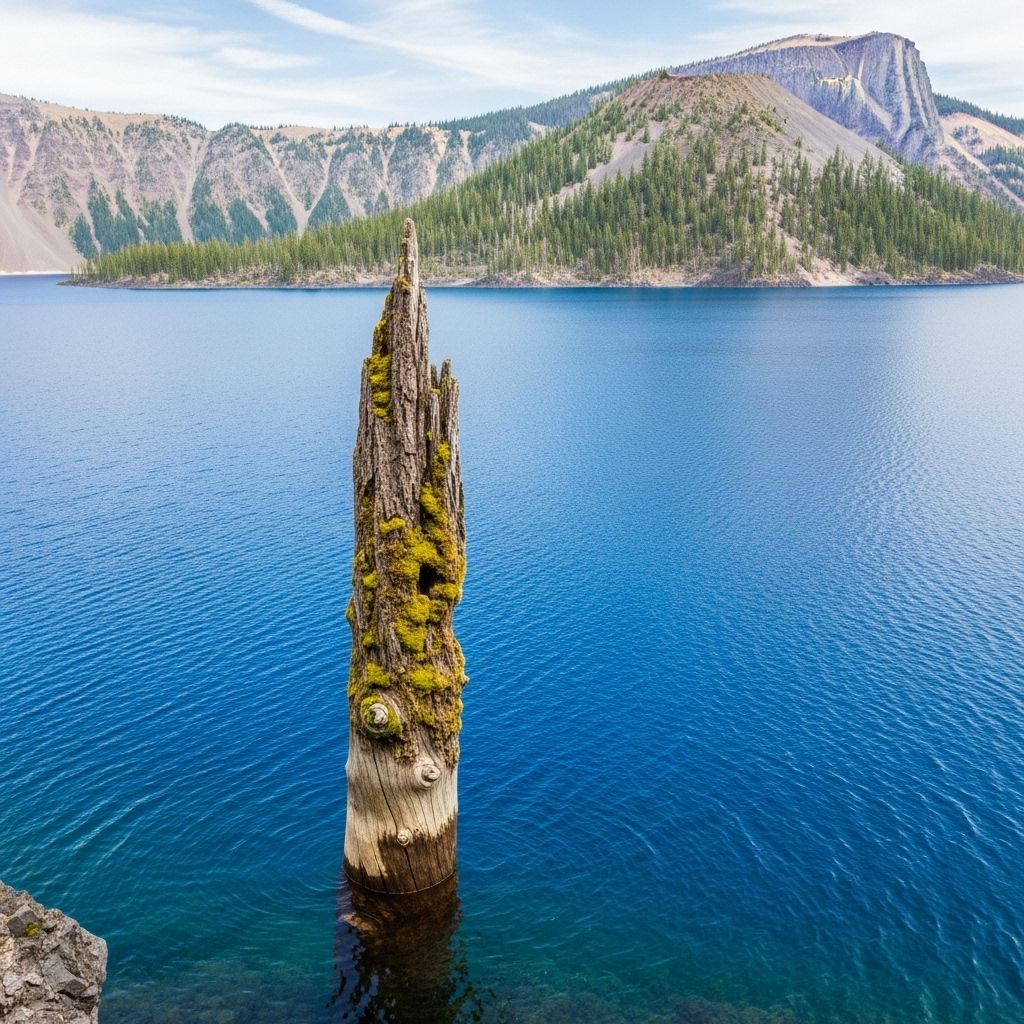 A legendary hemlock stump has mysteriously floated vertically in Crater Lake for centuries, captivating generations and inspiring awe.