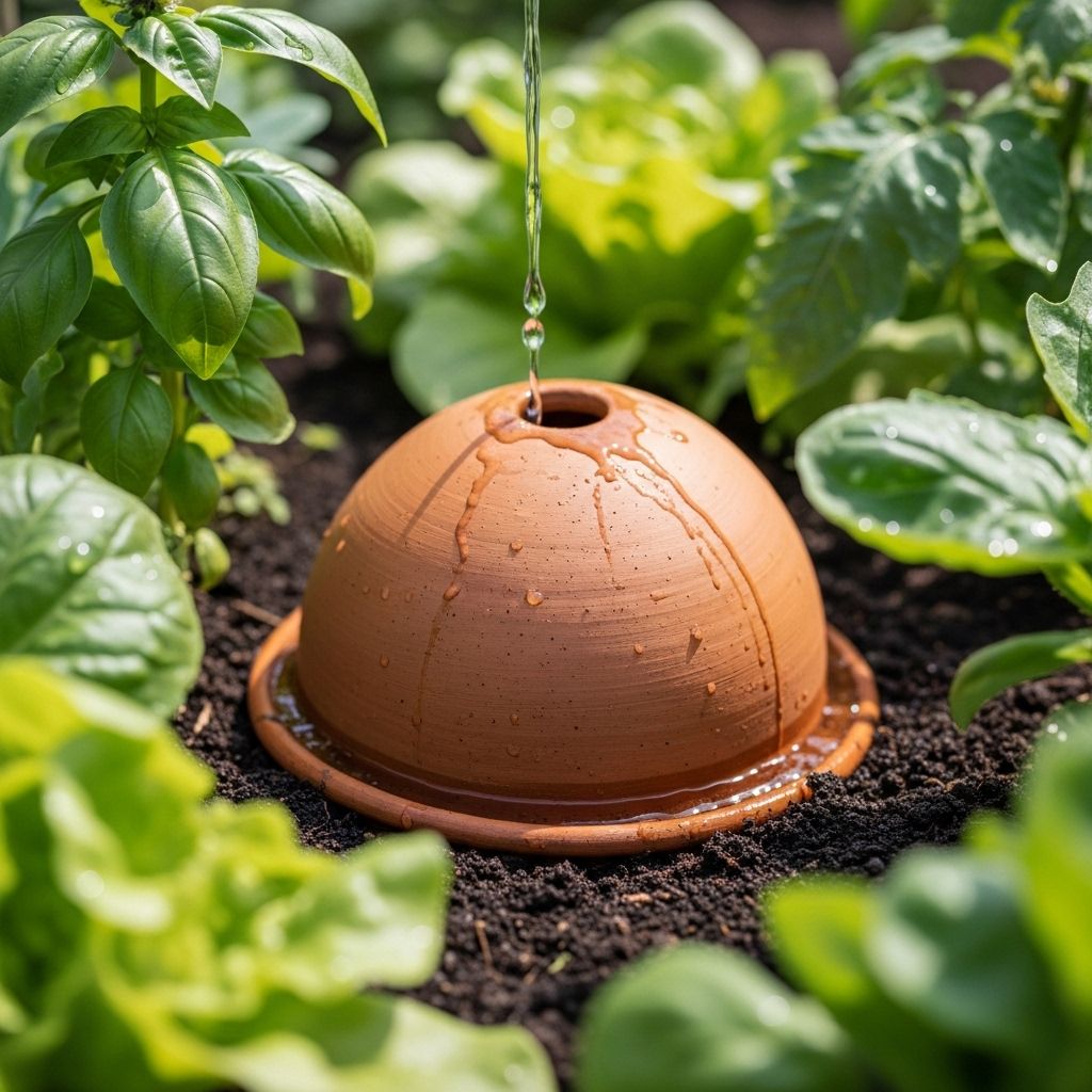 Unglazed clay pots feed plant roots automatically, reducing water waste and garden upkeep.