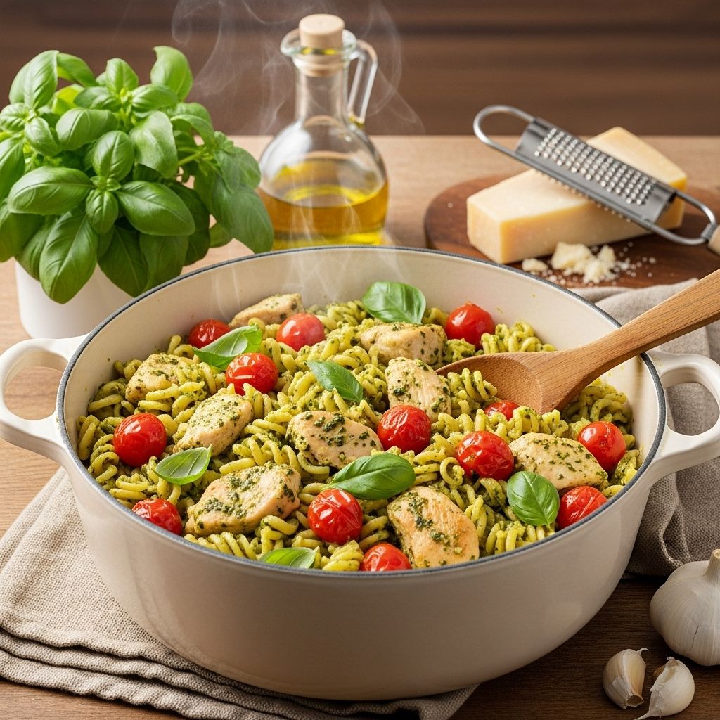 A no-fuss dinner blending creamy basil sauce with meat, noodles, and sun-kissed tomatoes.