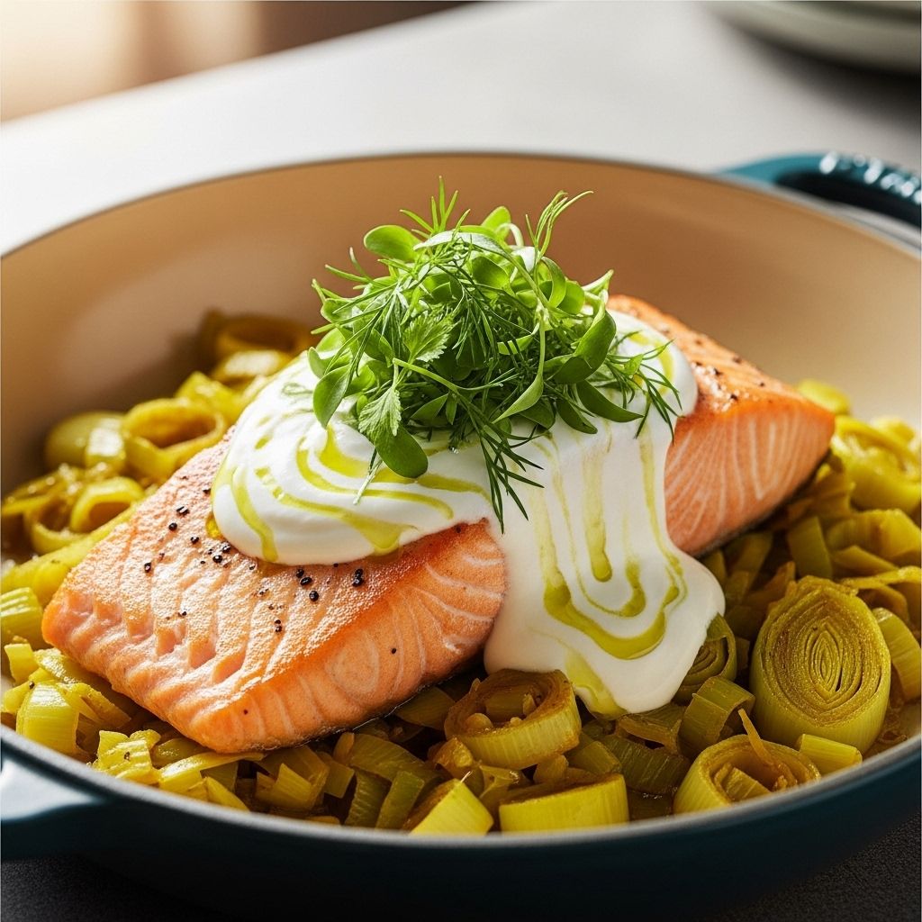 One-Pot Salmon with Curried Leeks & Yogurt Sauce: Flavorful Weeknight Dinner Solution Bold spices and tender fish meet a creamy herb dressing for an effortless, flavorful dish.