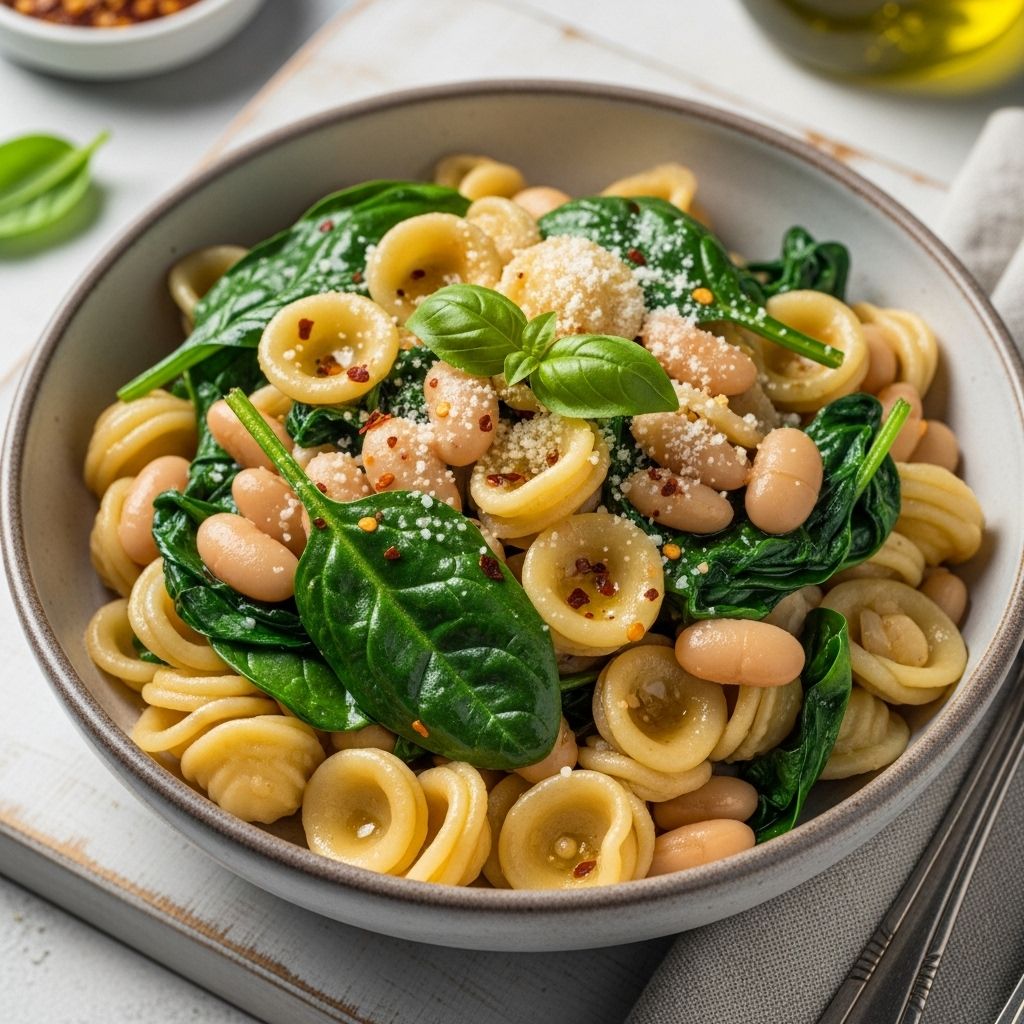 A wholesome 20-minute pasta featuring orecchiette, creamy white beans, fresh spinach, and Parmesan in a comforting broth.