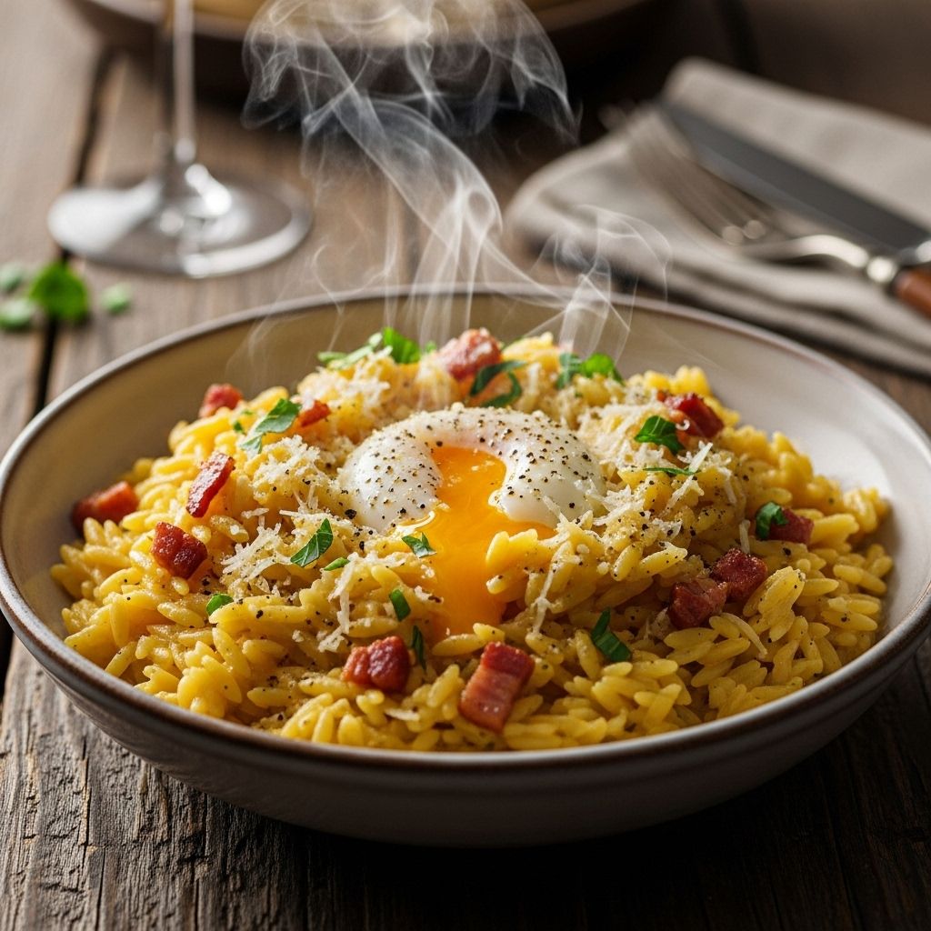 Velvety grains enveloped in rich egg and cheese promise flavorful simplicity.