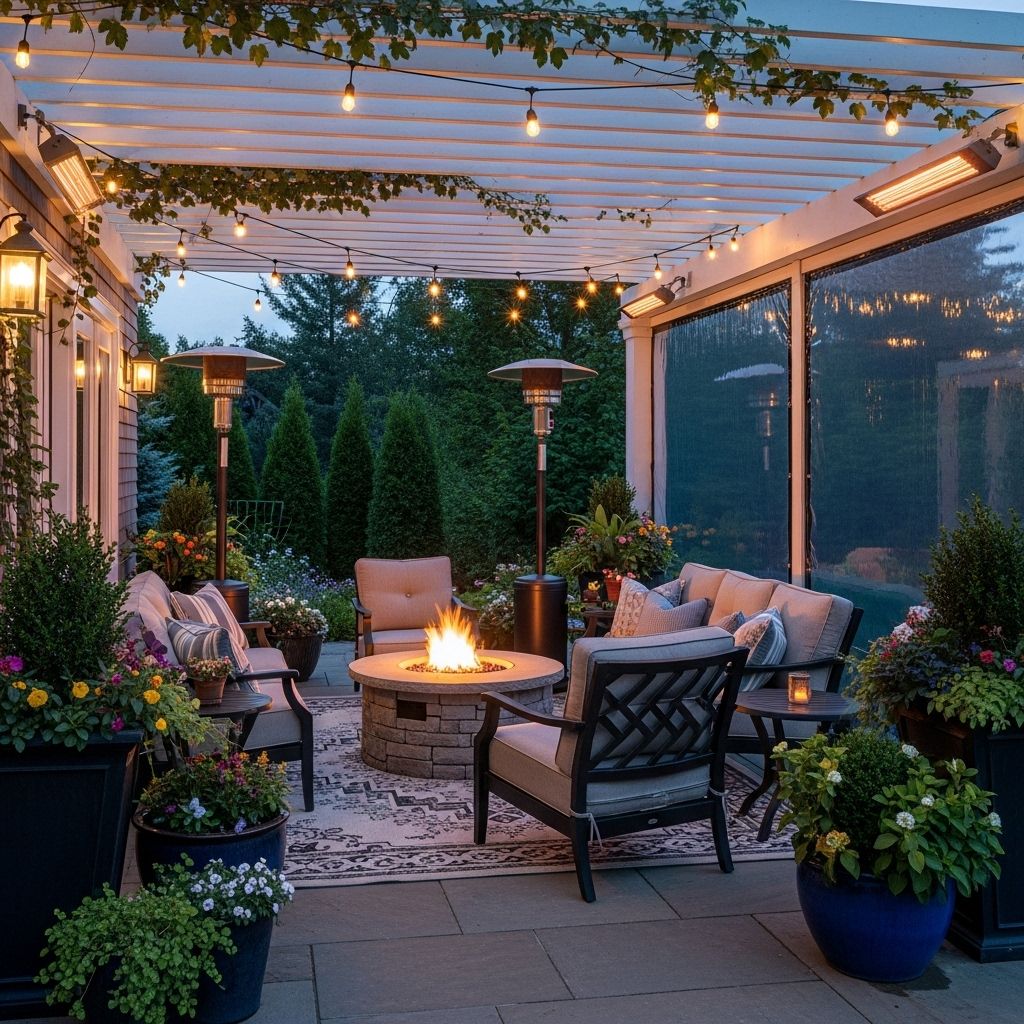 Smart furniture, layered lighting, and weather protection ensure comfort in every season.