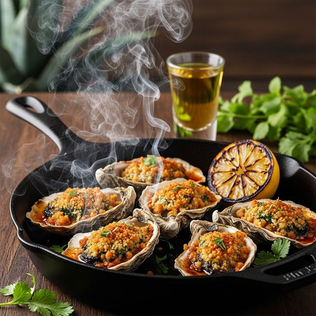 Roasted peppers, crema, and fresh herbs transform briny oysters into a vibrant appetizer.