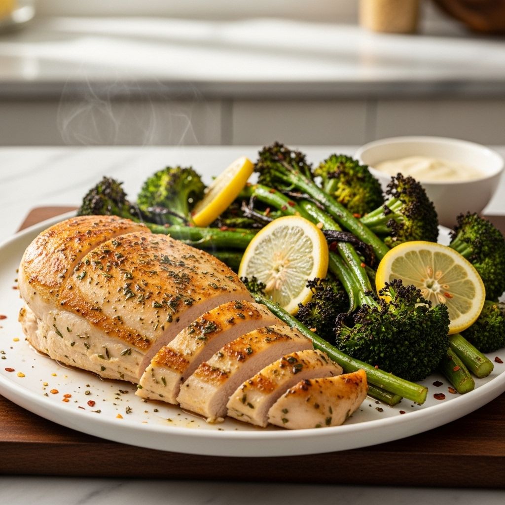 This vibrant recipe pairs pan-fried chicken breasts with zesty roasted broccoli for a healthy, delicious, and easy weeknight meal.