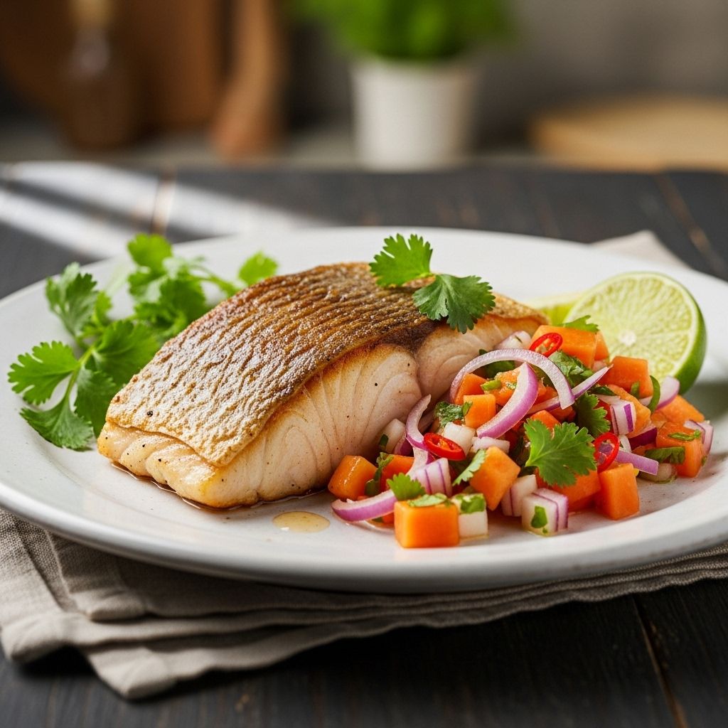 Discover the art of pan-roasting bass and crafting a fresh papaya relish for a healthy, gourmet meal in under 30 minutes.