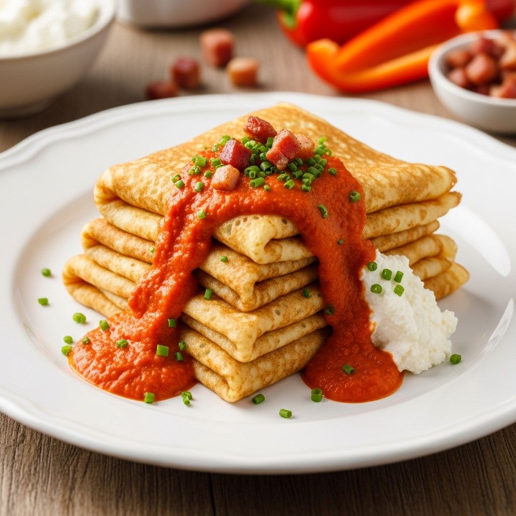 Pancetta Ricotta Crepes with Red Pepper Cream: A Savory Brunch Classic Transforms pantry staples into an elegant brunch feature with vibrant flavor contrasts.