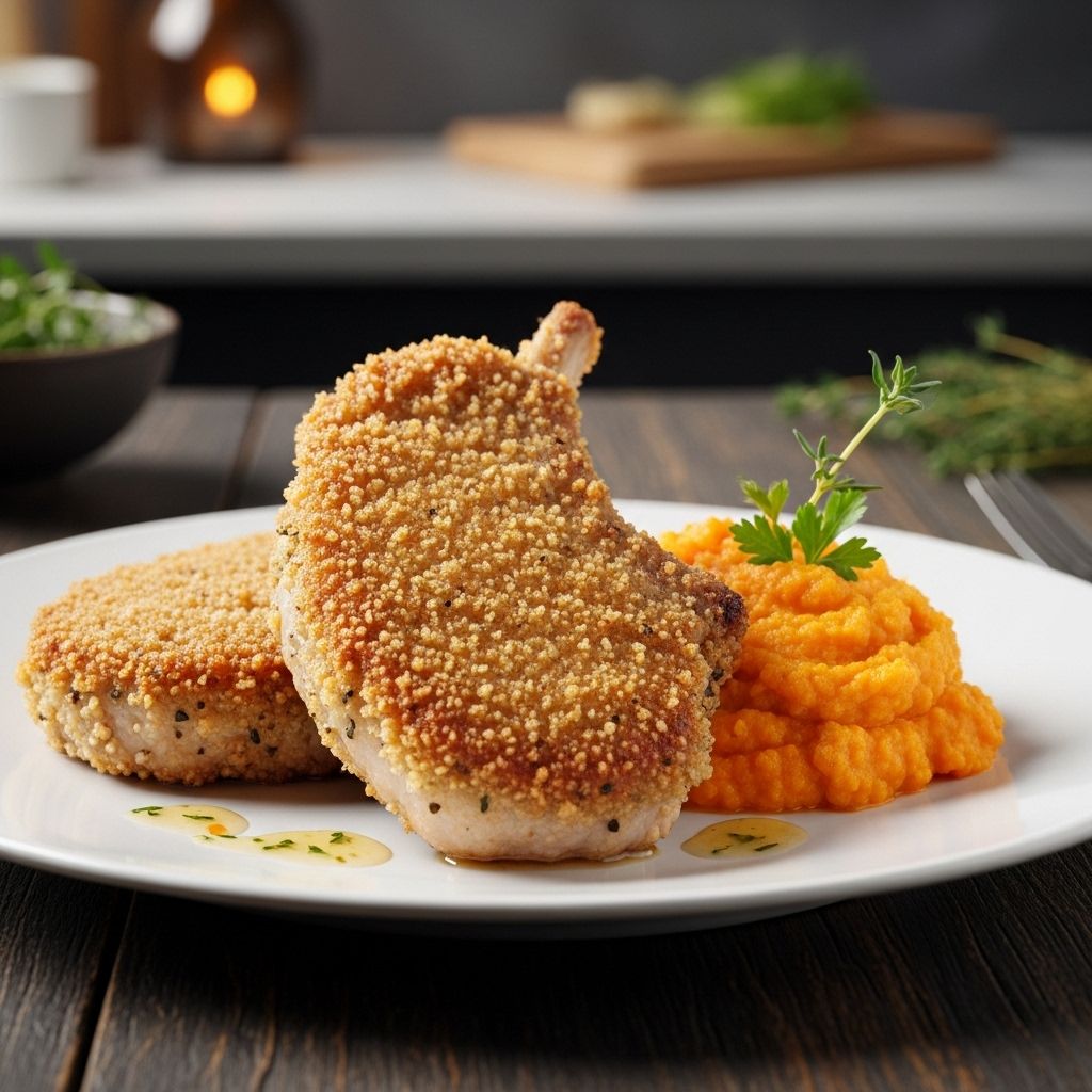 A golden breadcrumb coating locks in juices, complementing a sweet root veggie puree.