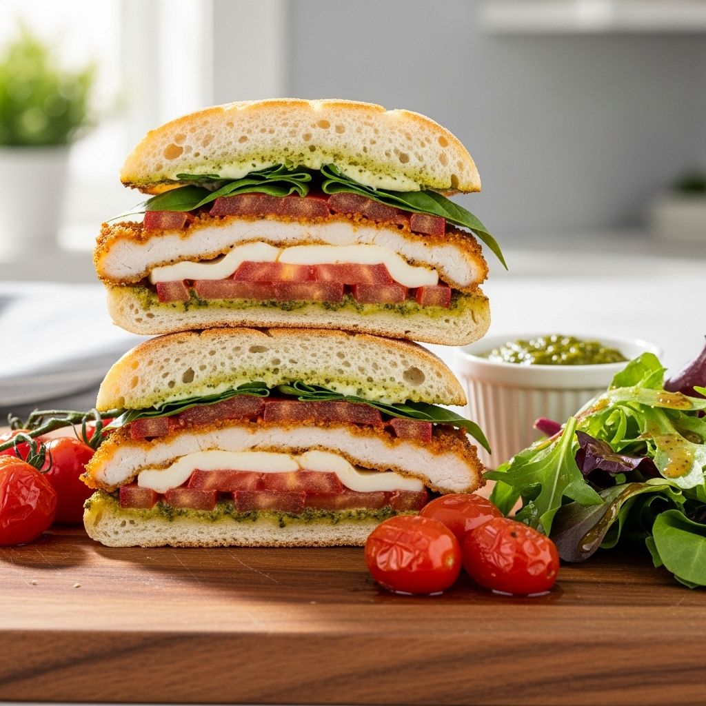 Discover the fresh, light take on classic chicken Parmesan—juicy cutlets, caramelized tomatoes, and crisp arugula stacked in a baguette for a wholesome, satisfying sandwich.