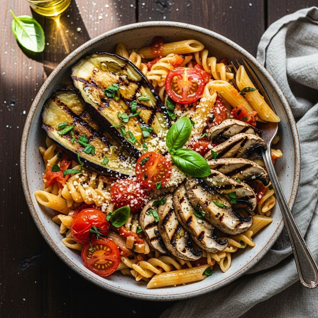Pasta with Eggplant, Portobello, and Tomatoes: A Hearty Mediterranean Feast Creamy cheese and almonds elevate roasted flavors in an elegant Mediterranean meal.