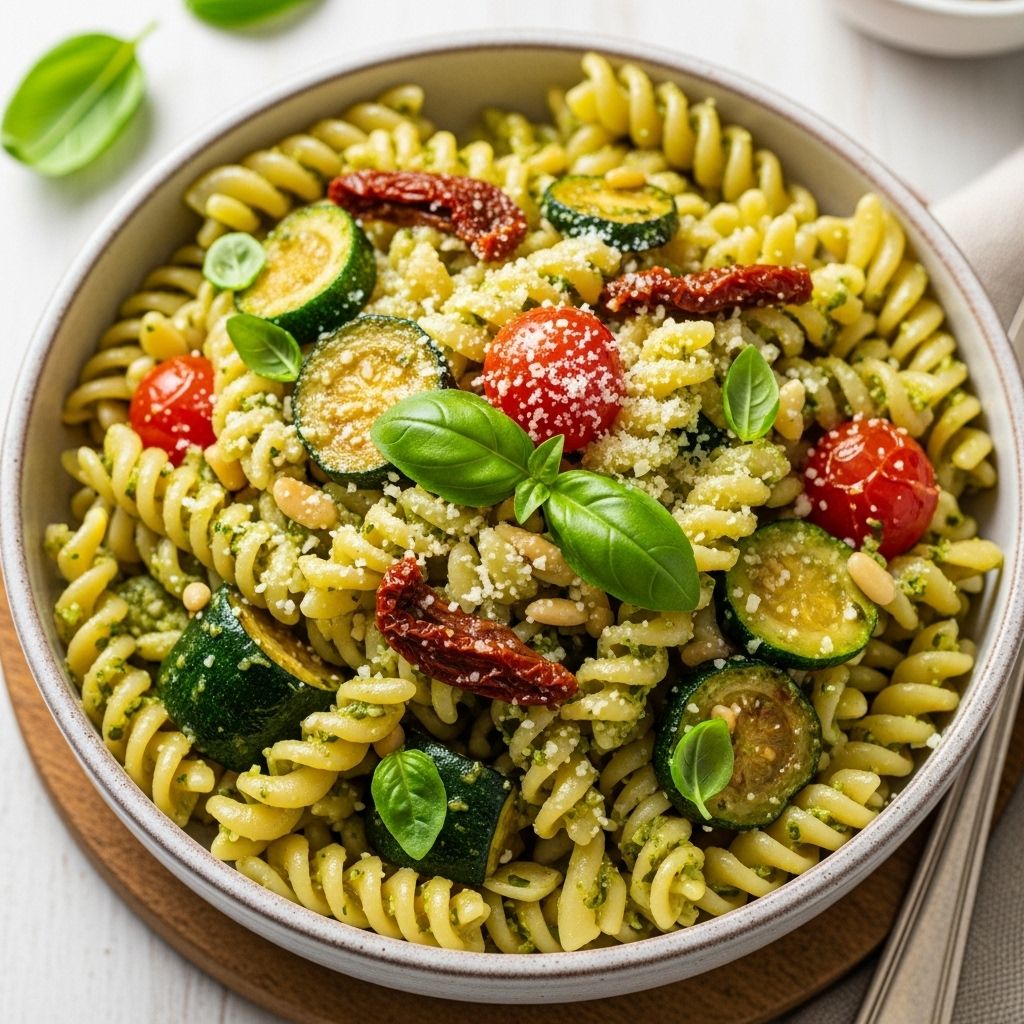 Toasted almonds and fresh garden produce combine in a creamy, herb-infused sauce.
