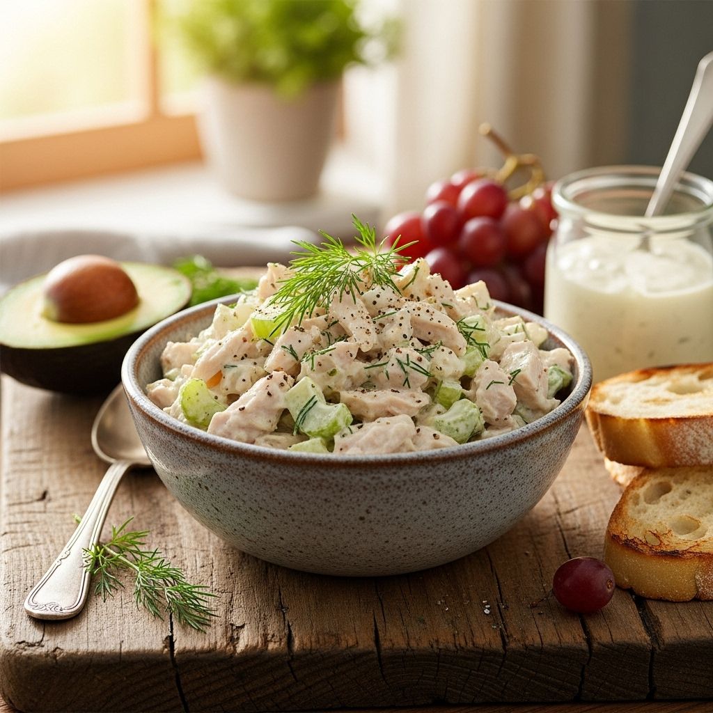 Tender meat, juicy fruit, and crisp nuts merge into a creamy blend ideal for gatherings.