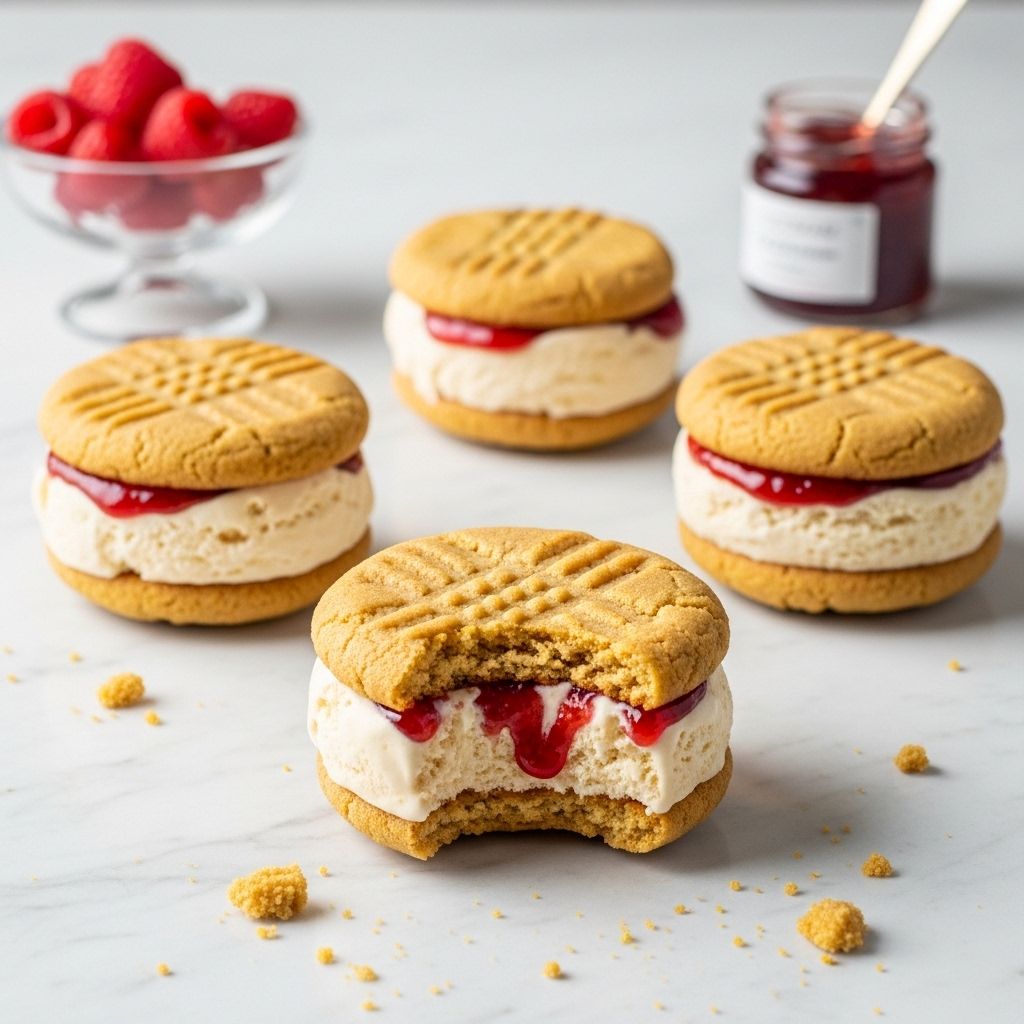 Chewy peanut butter cookies meet tart jam and smooth ice cream for a crave-worthy treat.