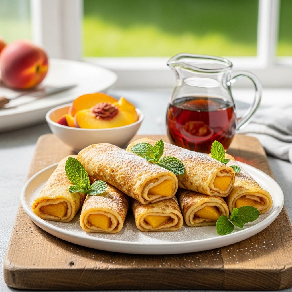 Delicate crepes embrace juicy peaches for a dessert that looks as good as it tastes.