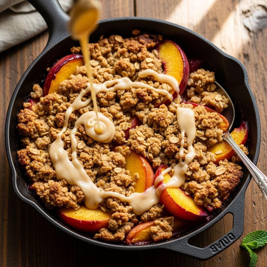 A homestyle treat balancing juicy peaches, buttery crumbs, and a velvety maple sauce.