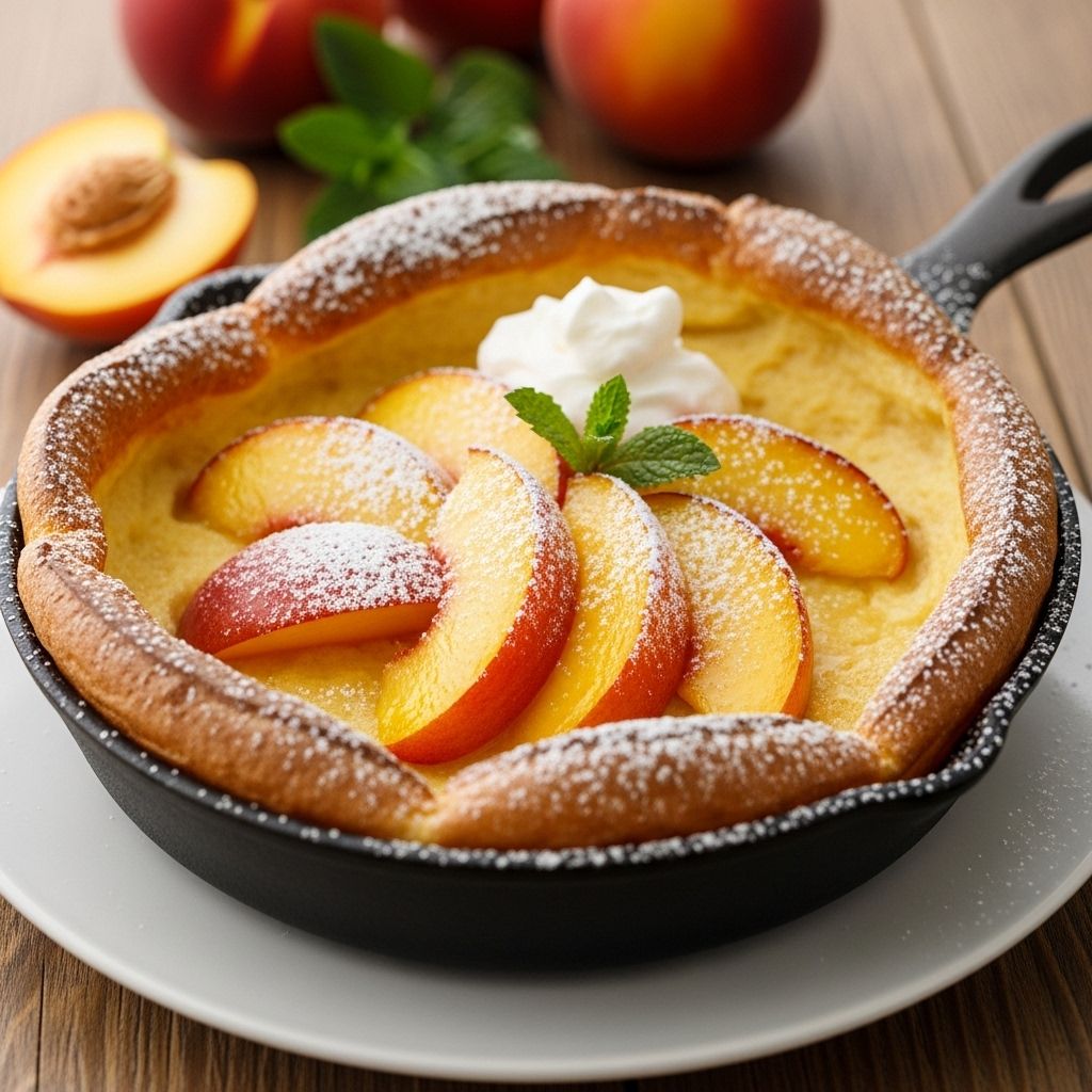 Peach Dutch Baby: A Perfect Summery Skillet Pancake A one-pan brunch treat with caramelized fruit and a cloud-like rise for summer guests.
