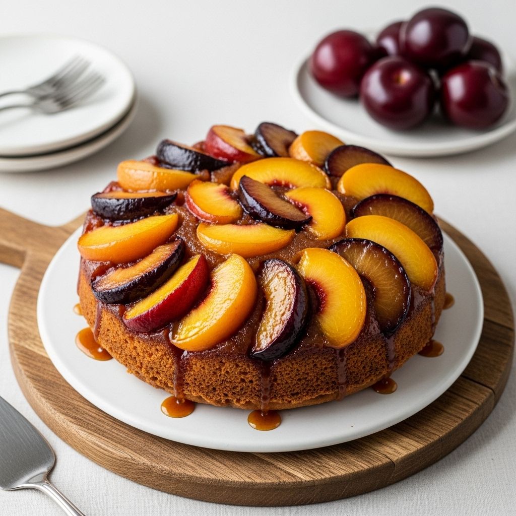 A glossy caramel topping transforms seasonal stone fruit into bite-sized indulgence.
