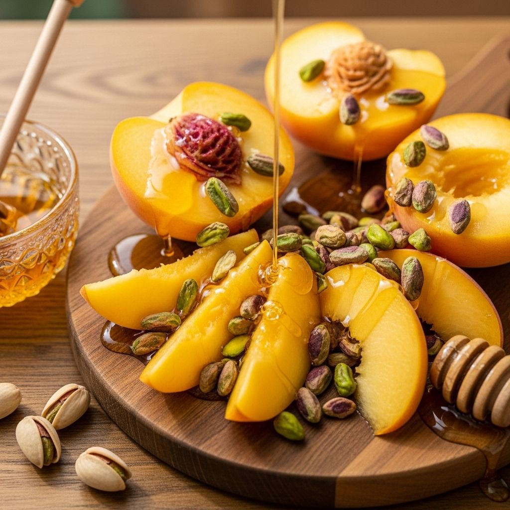 Celebrate the flavors of summer with this easy grilled peaches recipe, finished with honey, creamy Greek yogurt, and crunchy pistachios.