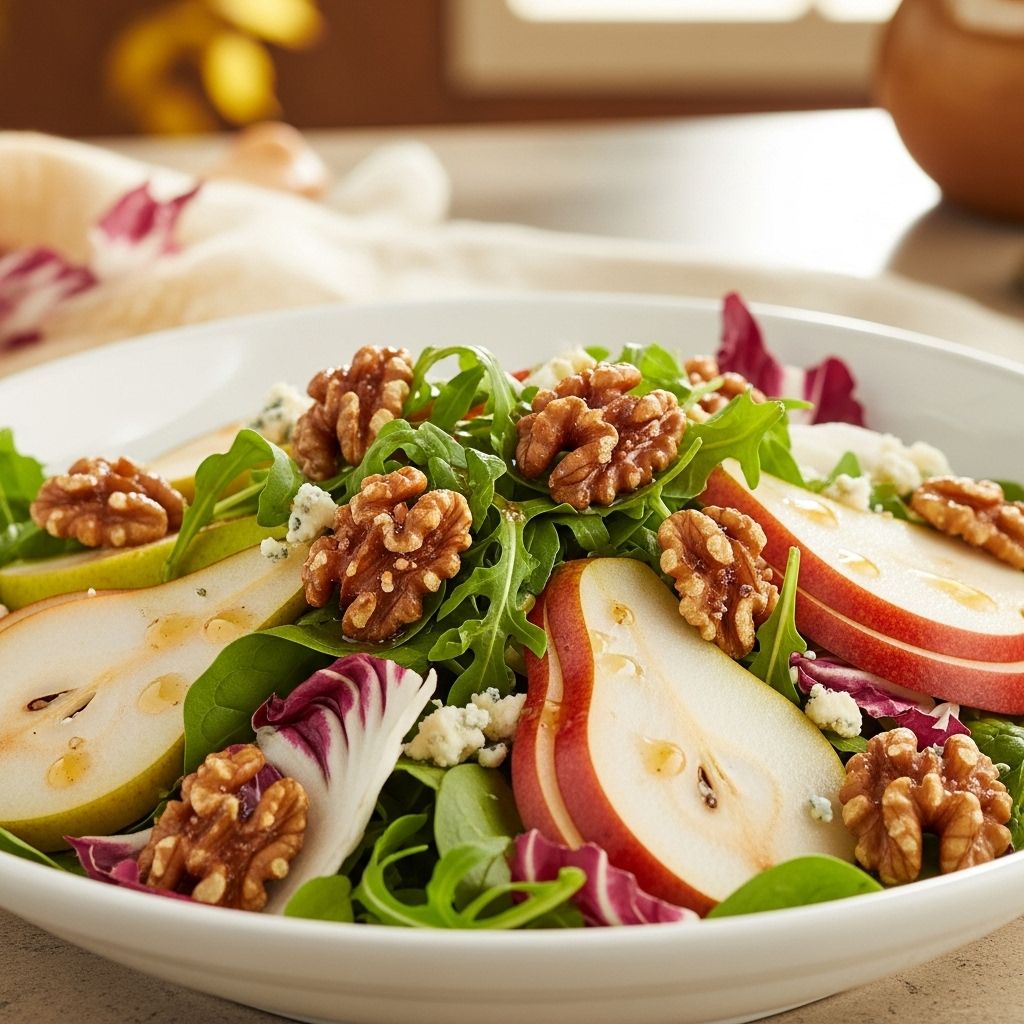 Celebrate fall with this vibrant pear and spiced walnut salad: a symphony of crisp veggies, warm spices, and bright flavors for every table.