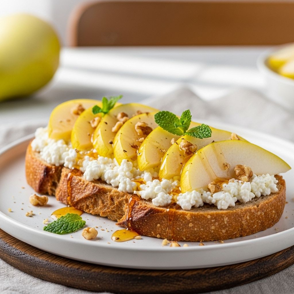 Discover the delicious balance of creamy cottage cheese, fresh pear, and crunchy nuts on whole-grain toast—a breakfast that fuels your day.