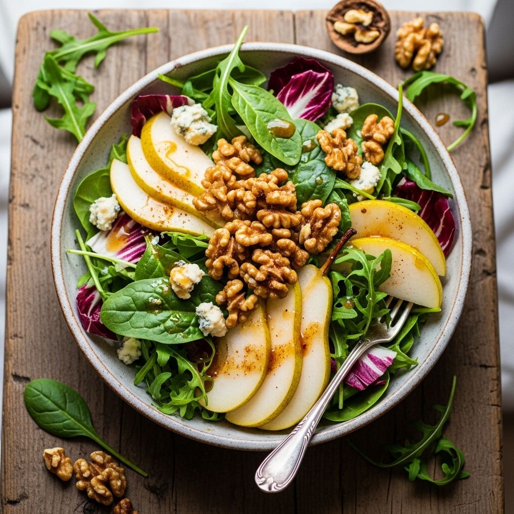 Discover a delicious, nourishing pear and spiced walnut salad packed with cold-weather fruits, crunchy nuts, and vibrant greens for year-round enjoyment.