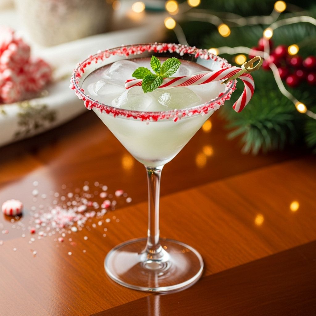 A creamy, mint-infused sipper that wows with a sugared rim and candy cane garnish.