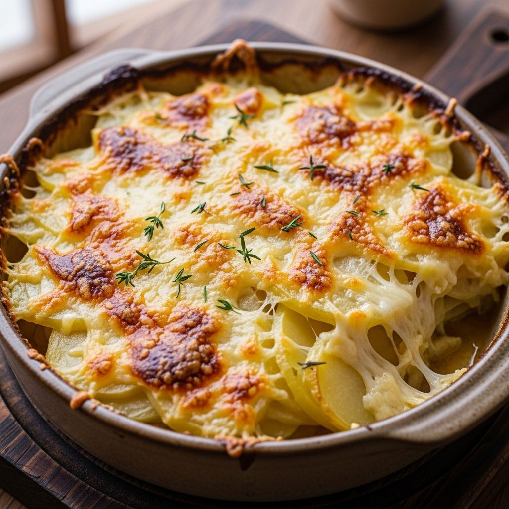 Tender potatoes soak in garlic cream before emerging under a bubbly cheese crust.