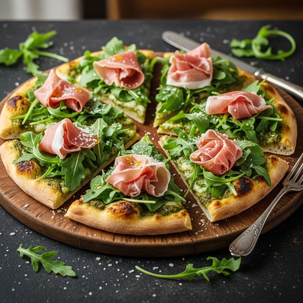 Herb-infused sauce and melted cheeses atop a golden crust deliver a gourmet bite.