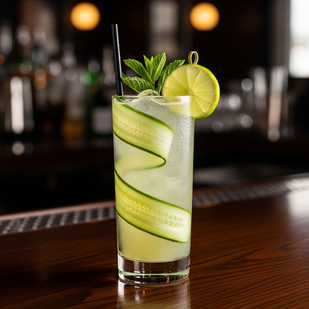 An effervescent cucumber twist that marries zesty lime, herbal depth, and subtle bitters.