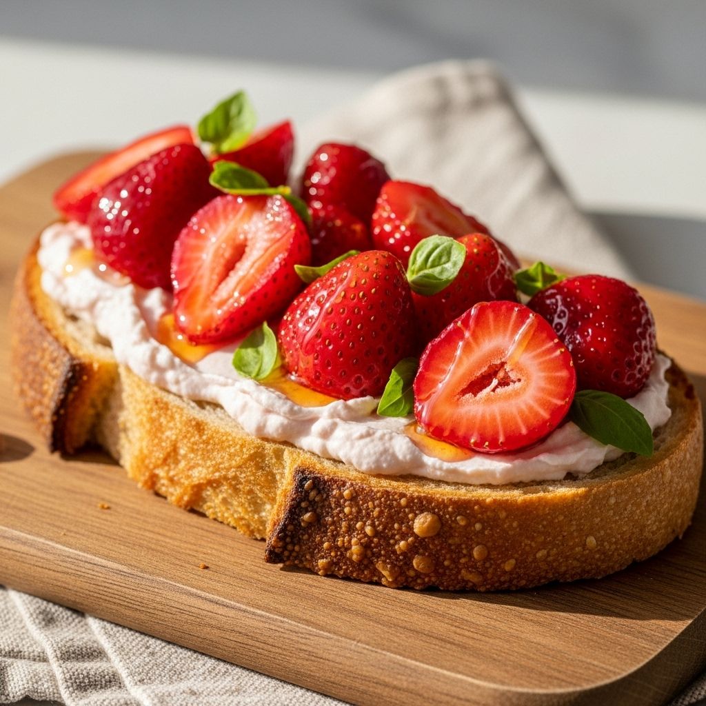 Elevate your breakfast or brunch with a vibrant toast topped with pickled strawberries, creamy cheese, and fresh herbs, blending tangy, sweet, and savory flavors.