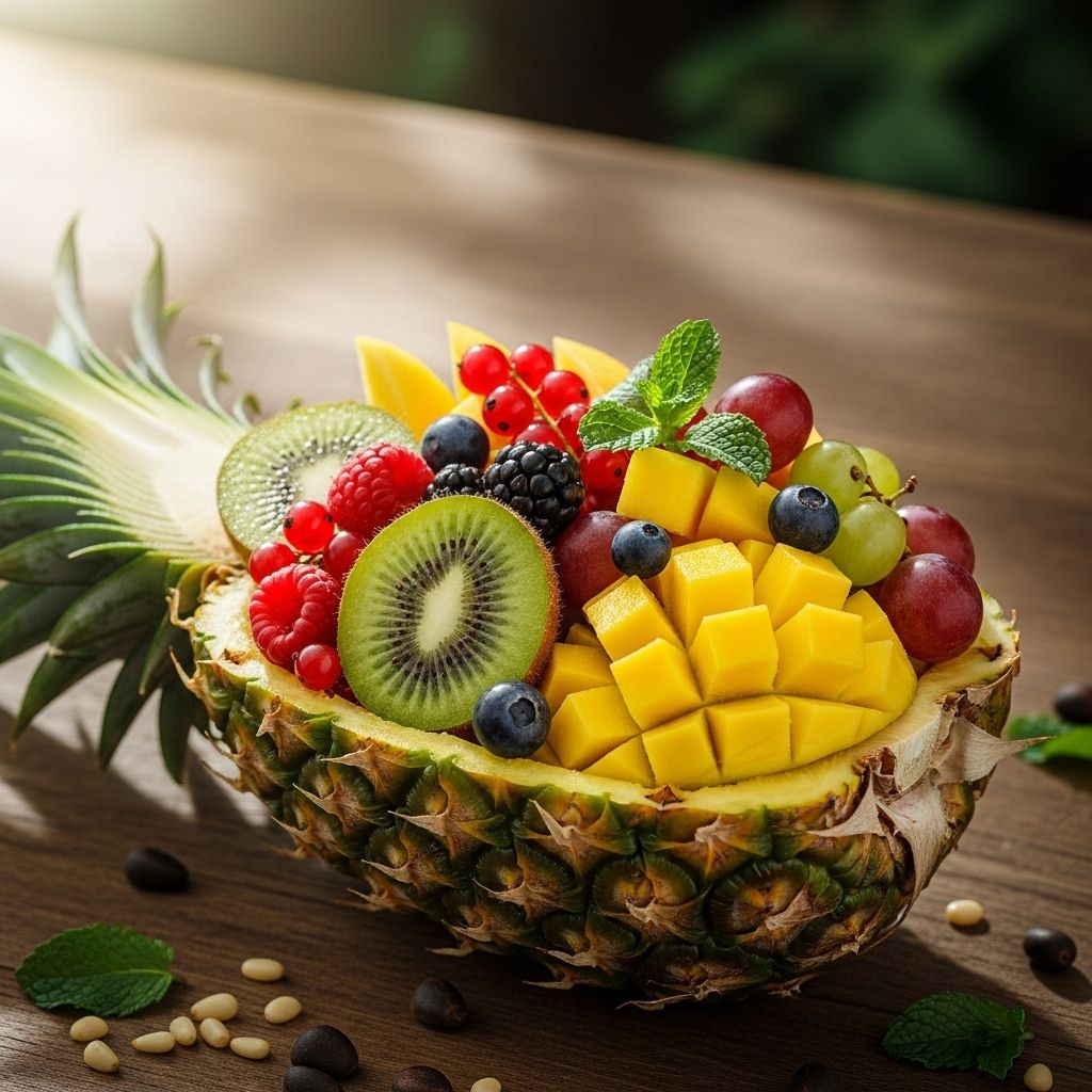 A fruit-filled shell of fresh berries and citrus creates a vibrant tropical display.