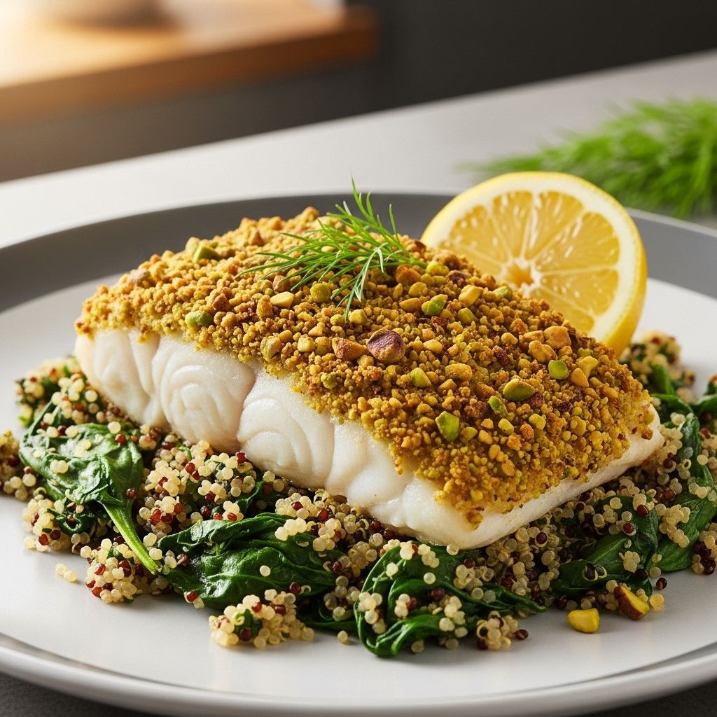 A quick and nourishing seafood dinner with a crunchy pistachio crust and protein-rich spinach quinoa—ready in just 20 minutes.