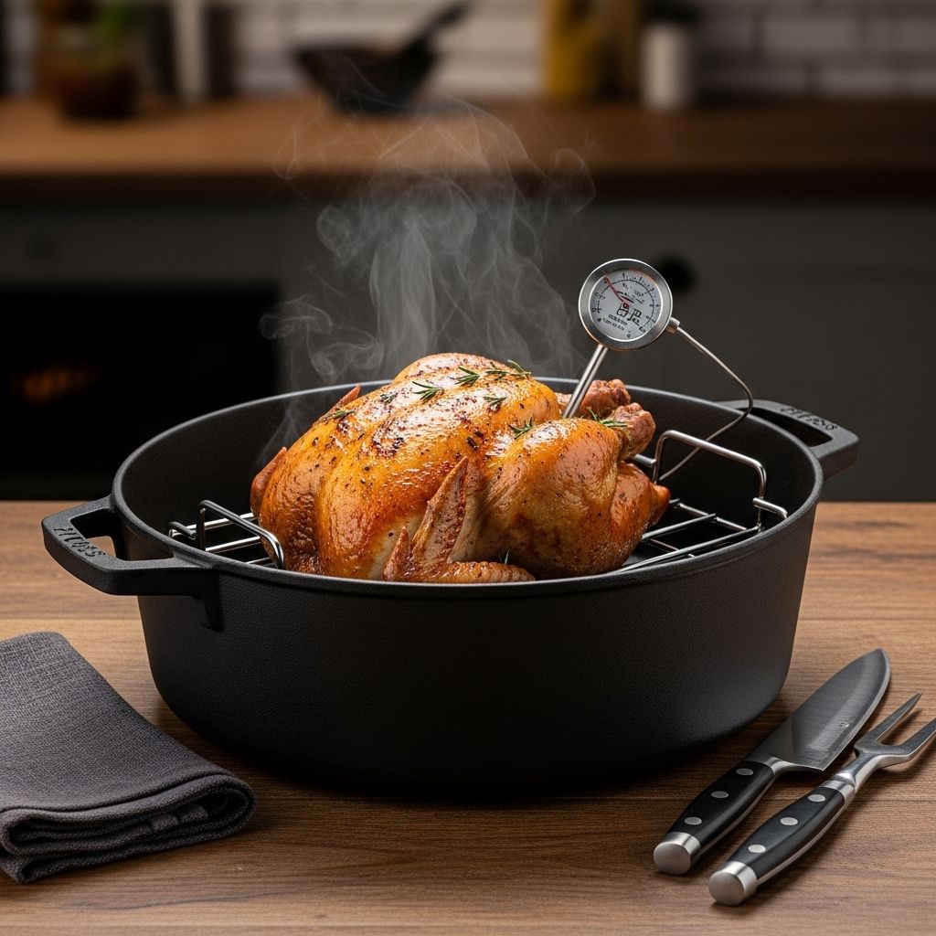 Pre-seasoned surface and snug lid deliver juicy meats and crisp edges every time.