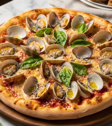 A harmonious blend of ocean-fresh sweetness and bubbling cheese on a crisp crust.