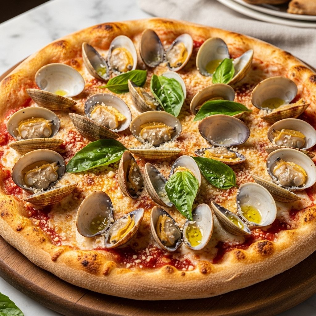 A harmonious blend of ocean-fresh sweetness and bubbling cheese on a crisp crust.