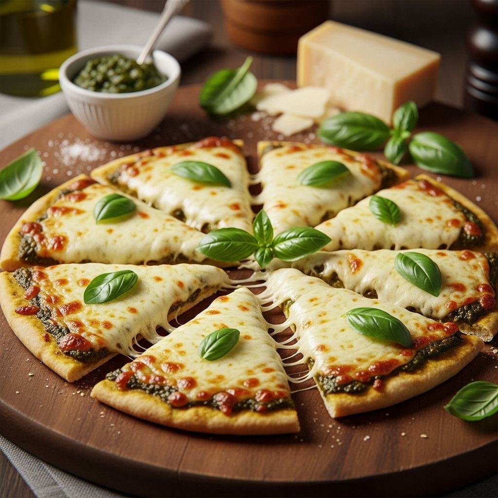 A crisp crust topped with herby pesto, melty cheeses, and fresh tomato brightness.