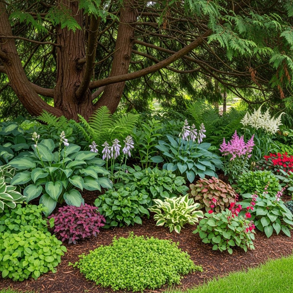Hardy groundcovers and shrubs flourish in dry, acidic soils beneath dense tree canopies.