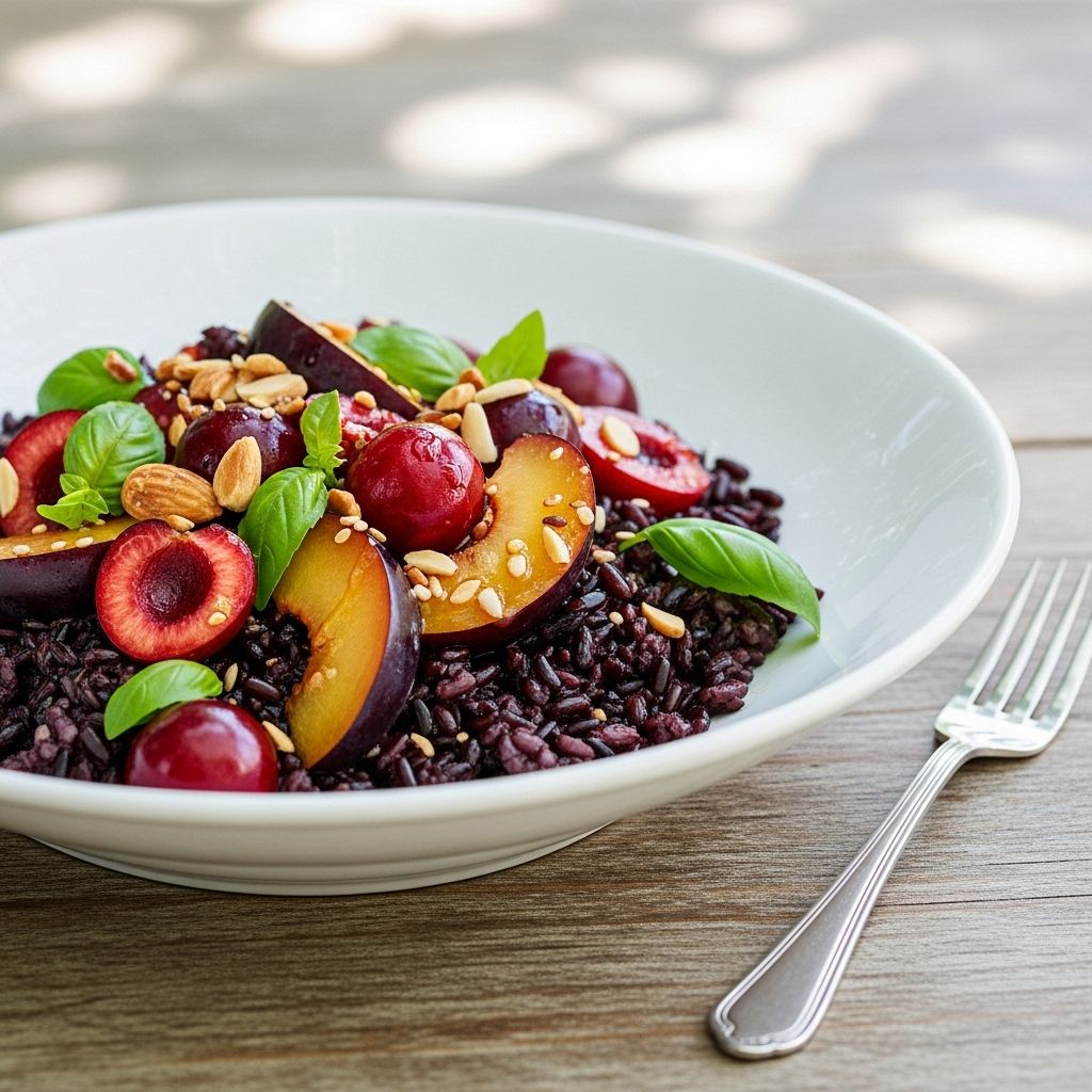 Discover the vibrant flavors and nutritional benefits of a refreshing black rice salad featuring fresh plums, cherries, and herbs.
