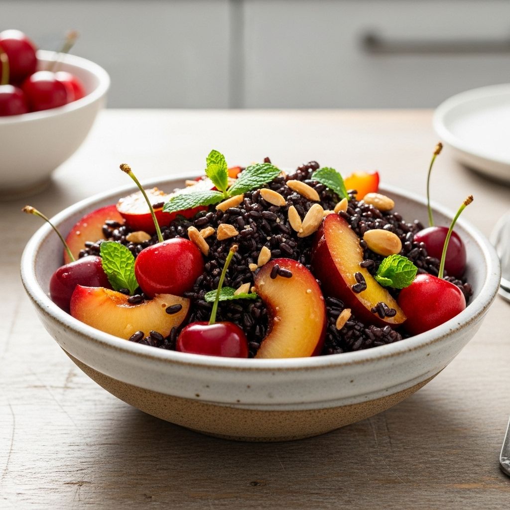 A vibrant, nutrient-rich salad featuring black rice, plums, cherries, and herbs, perfect for healthful summer meals.