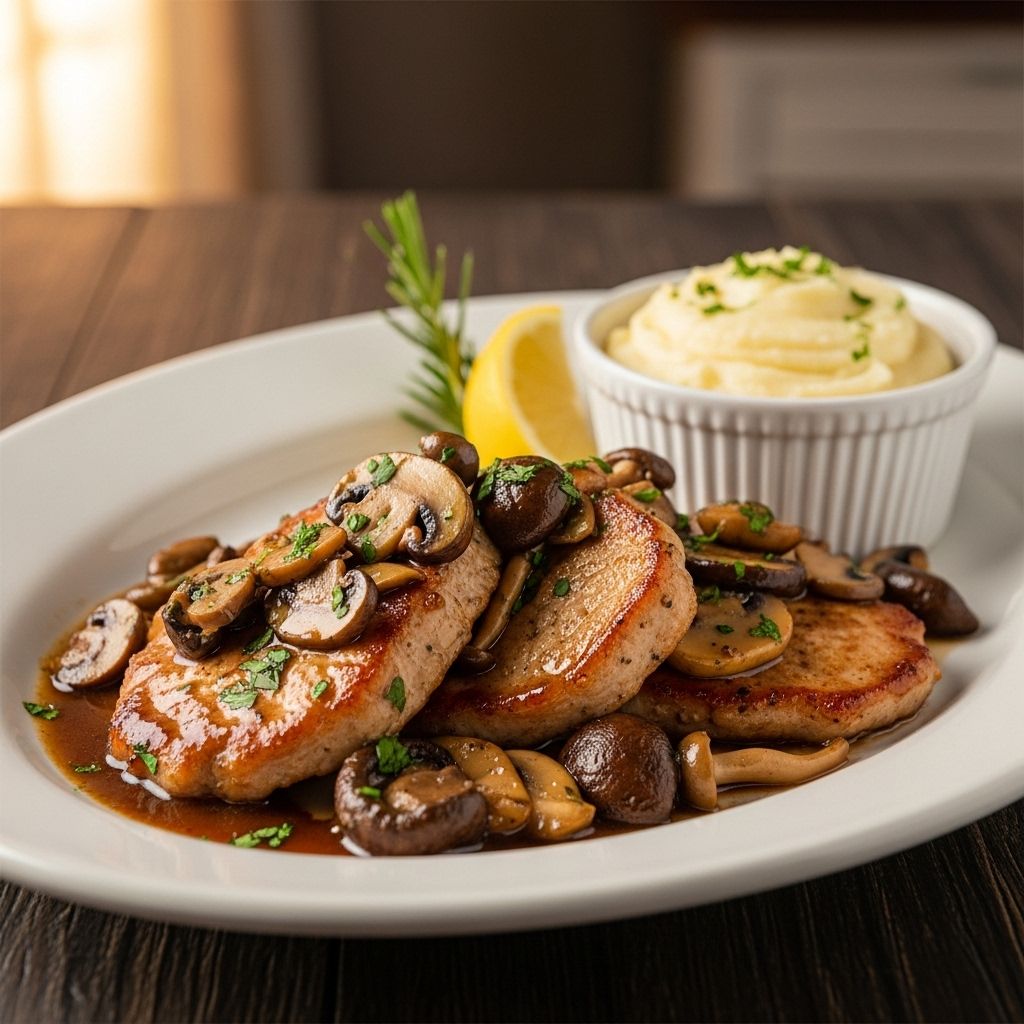 Seared pork chops meet mushrooms in a creamy marsala sauce for gourmet flavor.