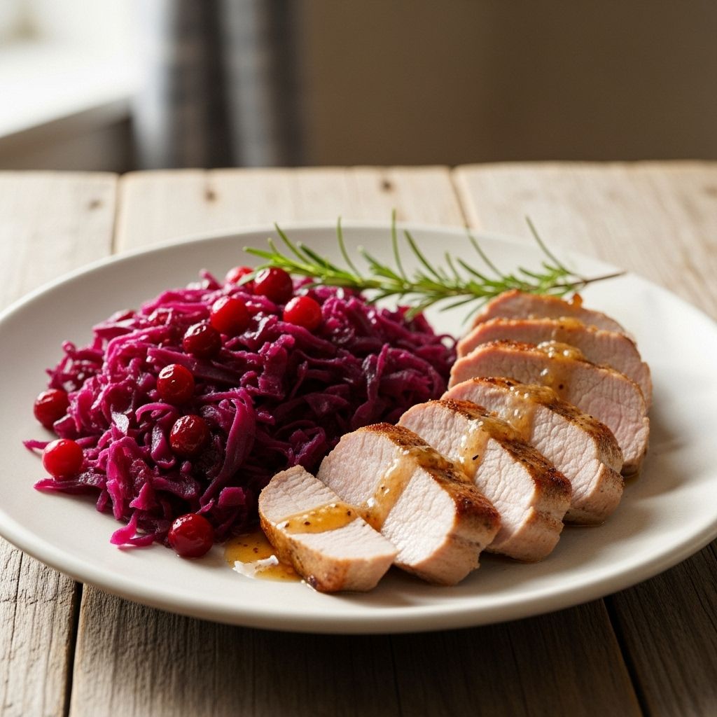 Try this vibrant pork dinner with sweet-tangy cabbage and cranberries for a healthy meal that’s ready in just 20 minutes.