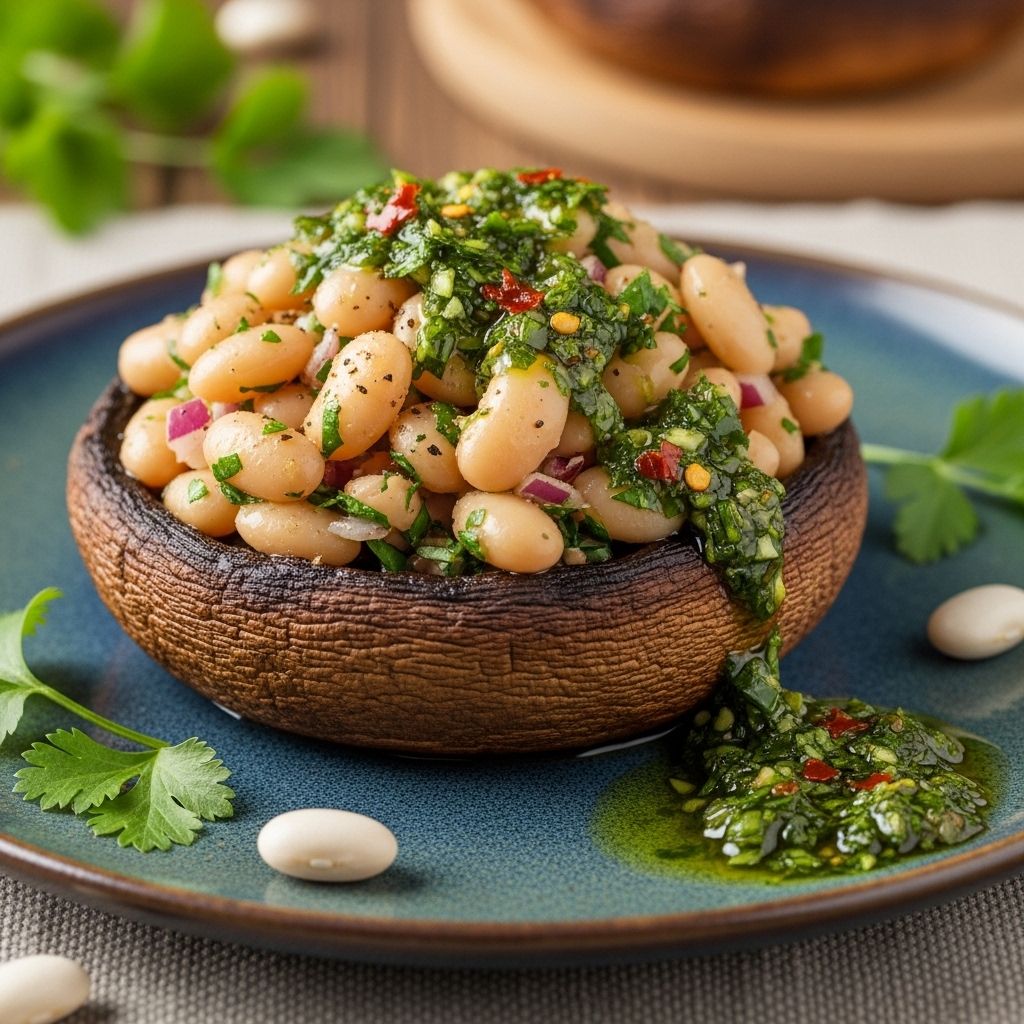 Discover a protein-rich and plant-powered entrée featuring portobello mushrooms stuffed with cannellini beans and topped with vibrant chimichurri.