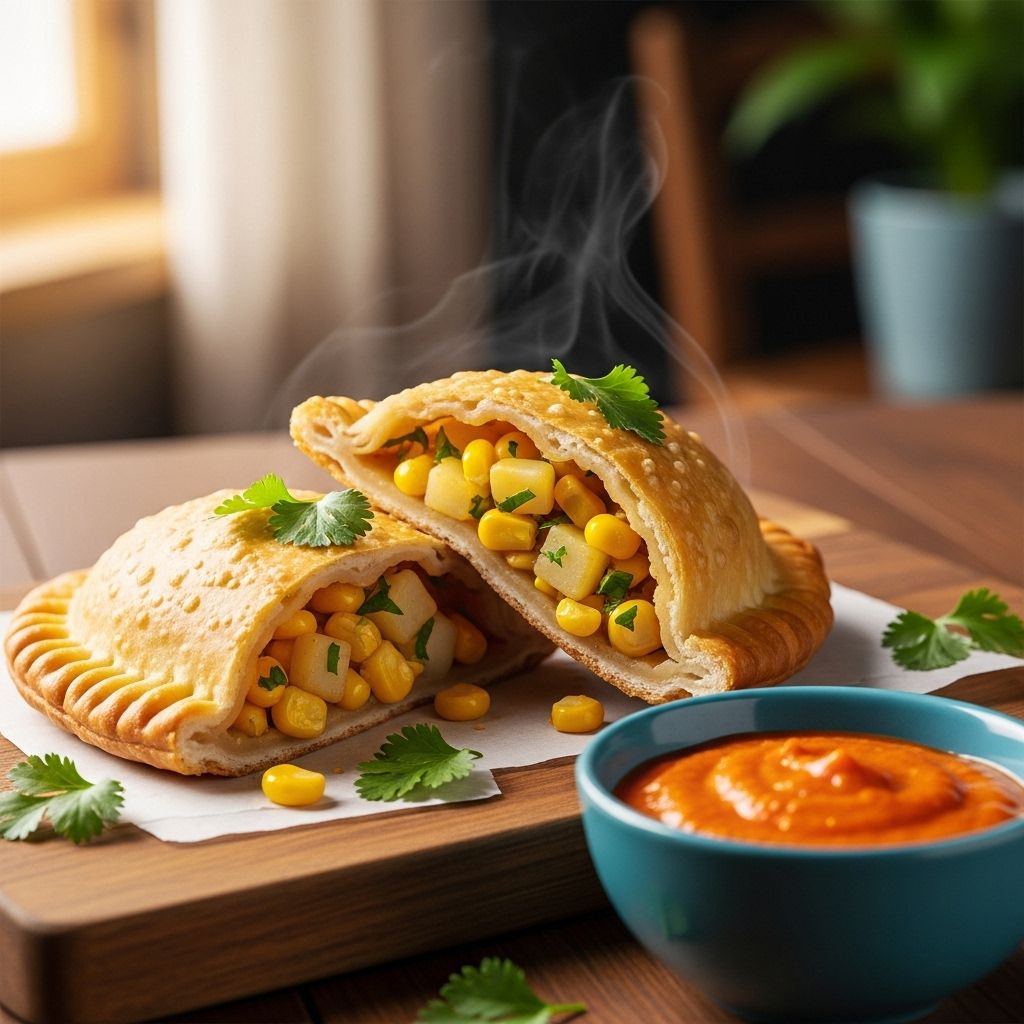 Golden dough gives way to creamy filling and a lively sauce in each bite.