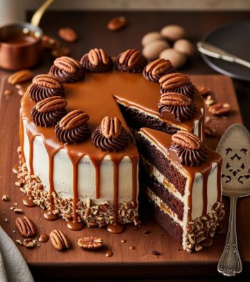 Indulge in layers of rich chocolate, buttery caramel, and toasted pecan crunch.