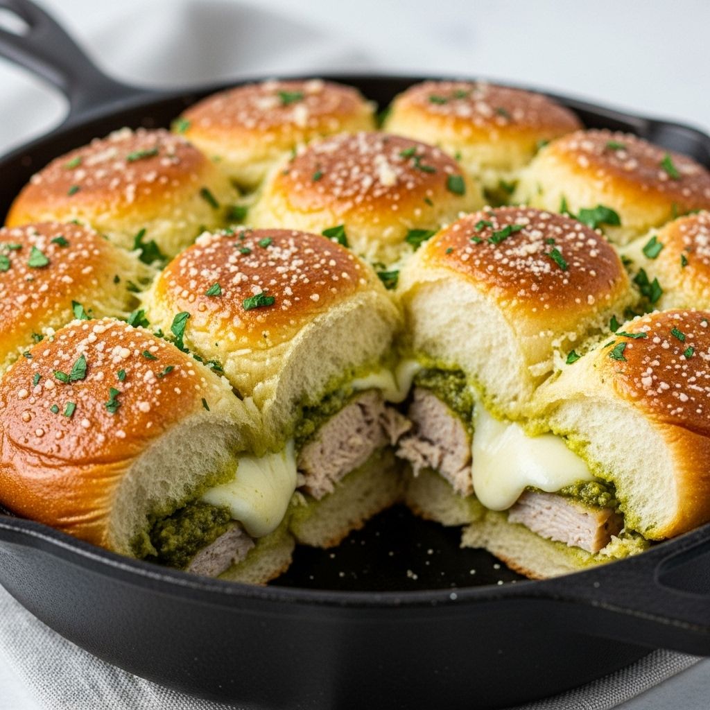 Pull-Apart Pesto Turkey Sliders: A Delicious Twist on Classic Party Fare Buttery herb-infused rolls layered with cheese promise a hassle-free crowd favorite.