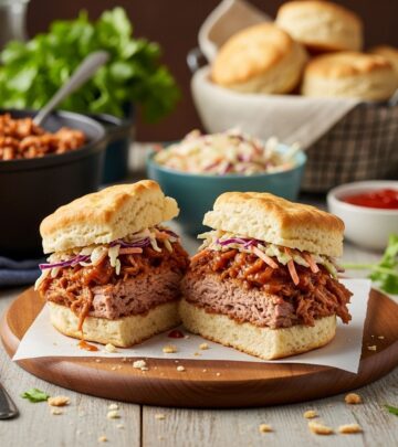 Slow-cooked meat meets flaky rounds and tangy slaw for a comforting, crowd-pleasing meal.