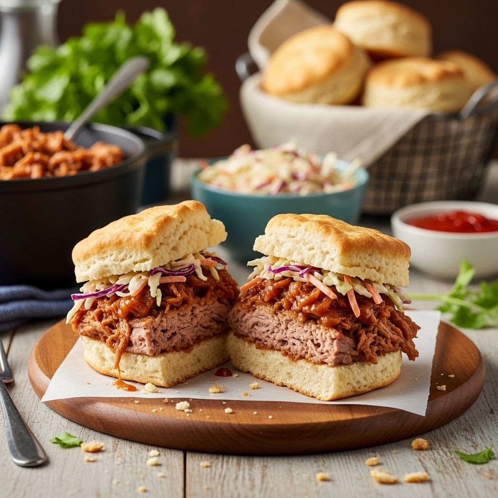 Slow-cooked meat meets flaky rounds and tangy slaw for a comforting, crowd-pleasing meal.