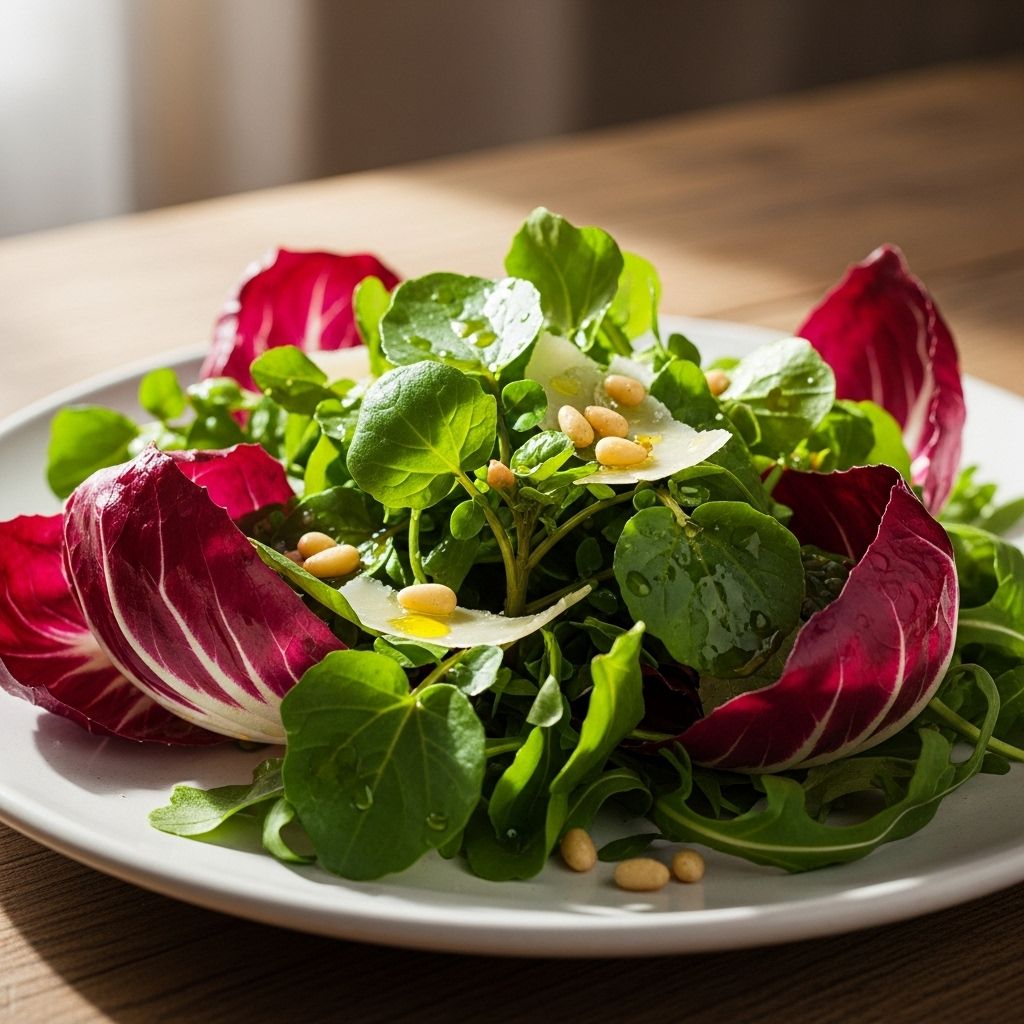 Crisp, peppery leaves tossed in tangy dressing bring fresh contrast to hearty dishes.