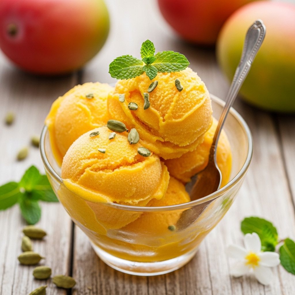 Taste summer in every spoonful of this vibrant, four-ingredient mango sorbet with aromatic cardamom—healthy, easy, and intensely refreshing.